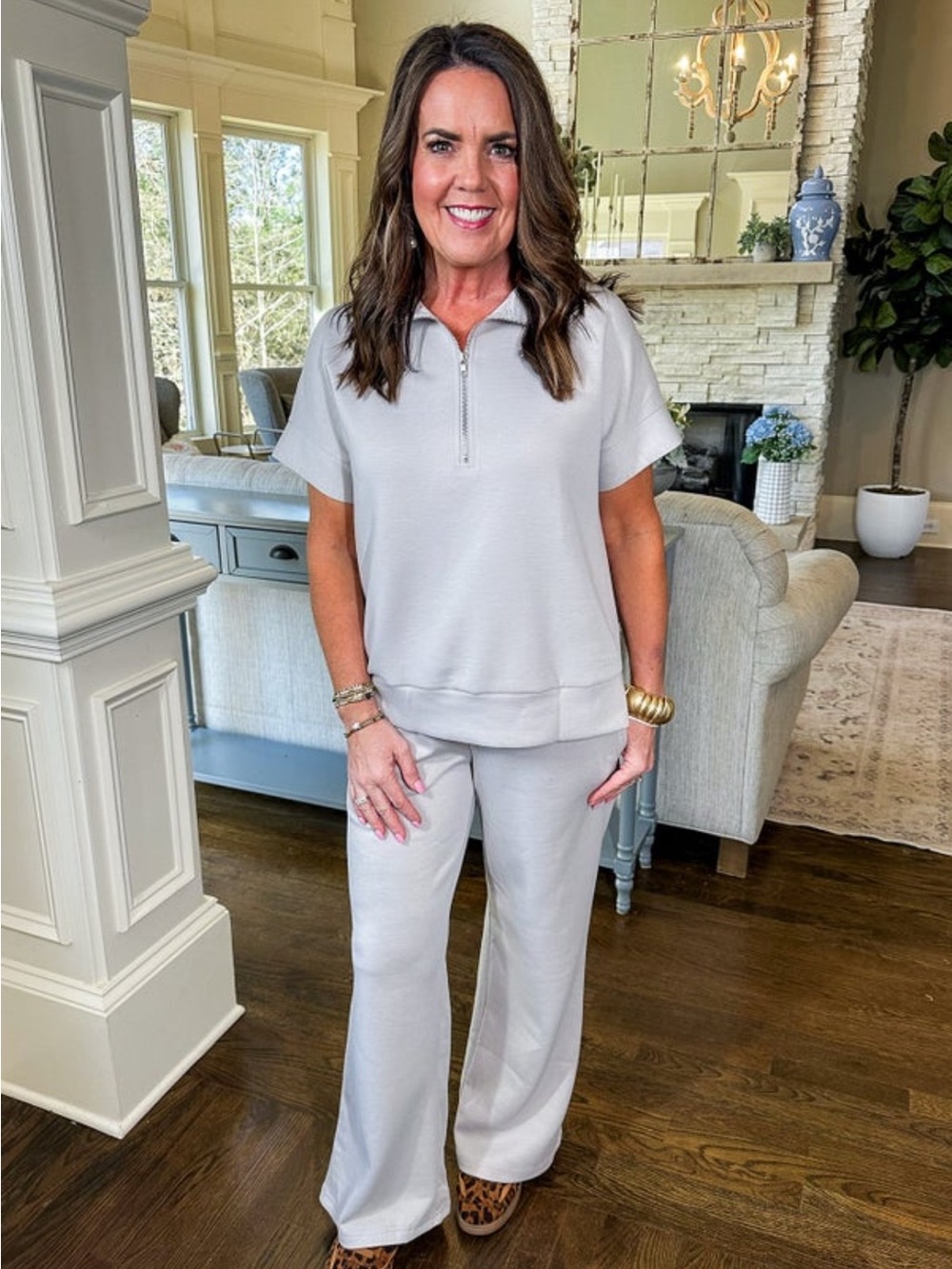 Relaxed Wide-Leg Lounge Pants Set in Light Gray